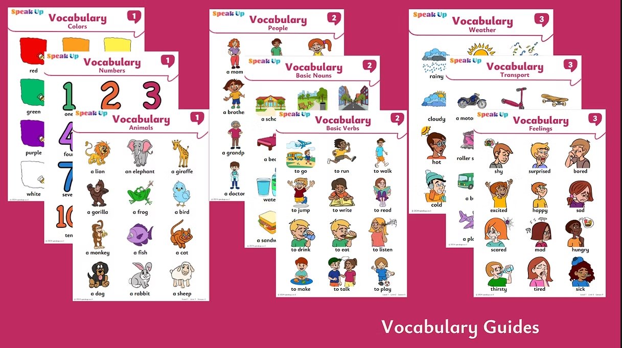 Vocabulary guide sheets for colours, numbers, animals, people, weather and feelings